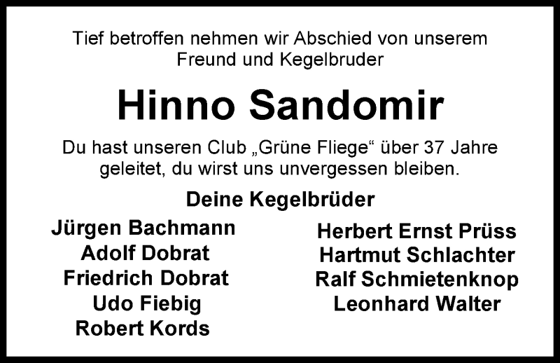  Traueranzeige für Hinrich Sandomir vom 05.05.2015 aus Nordwest-Zeitung