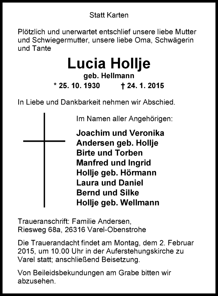 Traueranzeigen Von Lucia Hollje Nordwest Trauer De