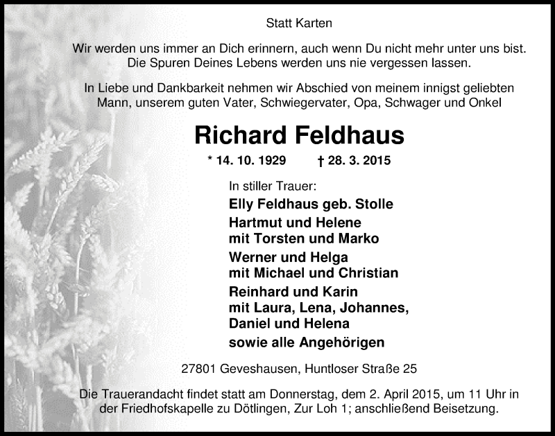  Traueranzeige für Richard Feldhaus vom 30.03.2015 aus Nordwest-Zeitung
