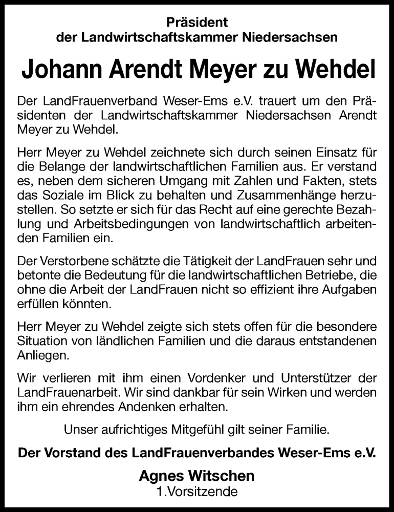  Traueranzeige für Johann Arendt Meyer zu Wehdel vom 29.01.2015 aus Nordwest-Zeitung
