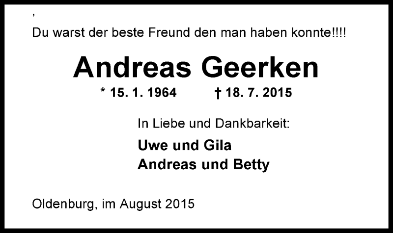  Traueranzeige für Andreas Geerken vom 13.08.2015 aus Nordwest Zeitung