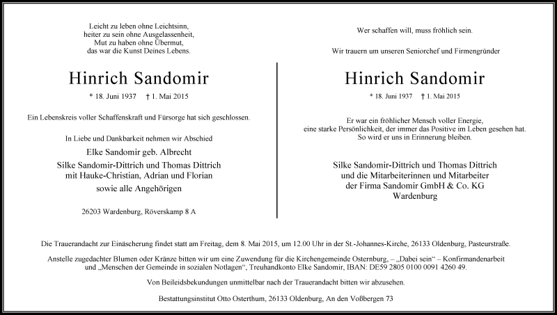  Traueranzeige für Hinrich Sandomir vom 05.05.2015 aus Nordwest-Zeitung