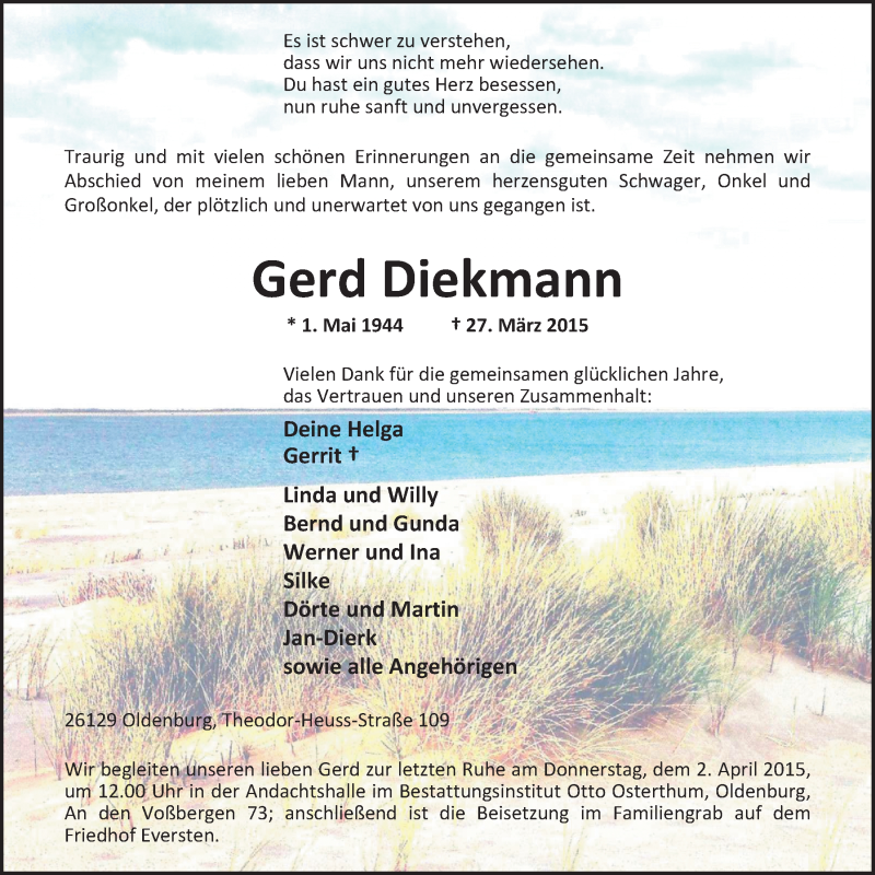  Traueranzeige für Gerd Diekmann vom 31.03.2015 aus Nordwest-Zeitung