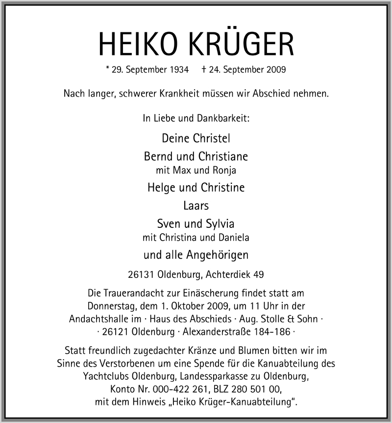 Traueranzeigen von Heiko Krüger nordwest trauer de