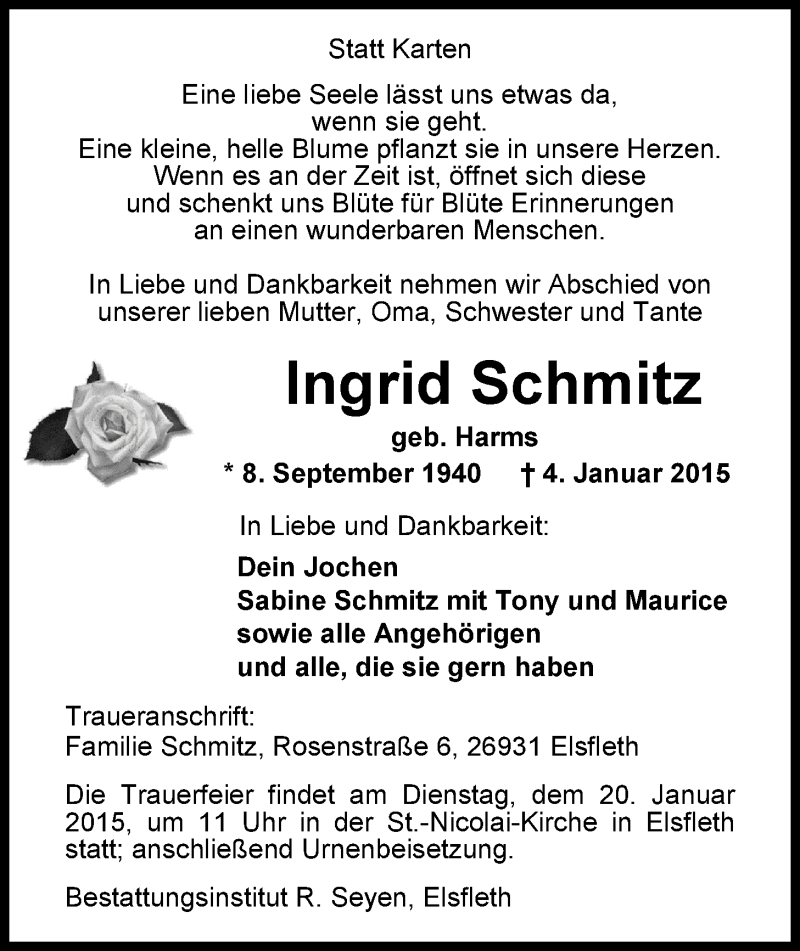  Traueranzeige für Ingrid Schmitz vom 19.01.2015 aus Nordwest-Zeitung