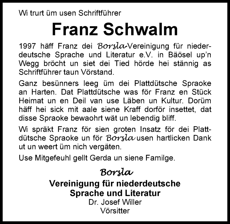  Traueranzeige für Franz Schwalm vom 03.03.2015 aus Nordwest-Zeitung