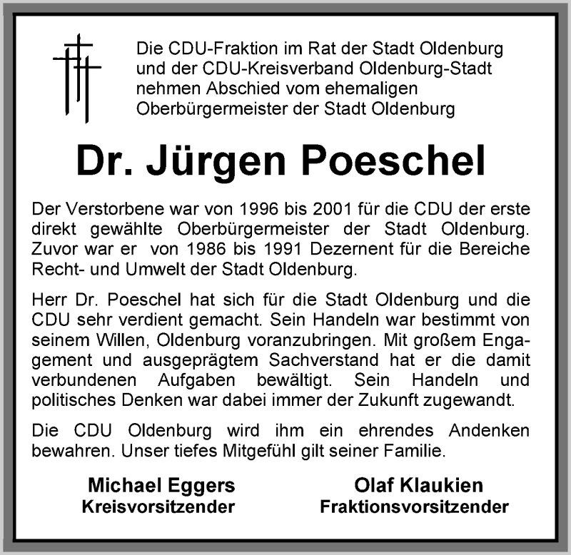  Traueranzeige für Dr. Jürgen Poeschel vom 24.11.2015 aus  Nordwest-Zeitung