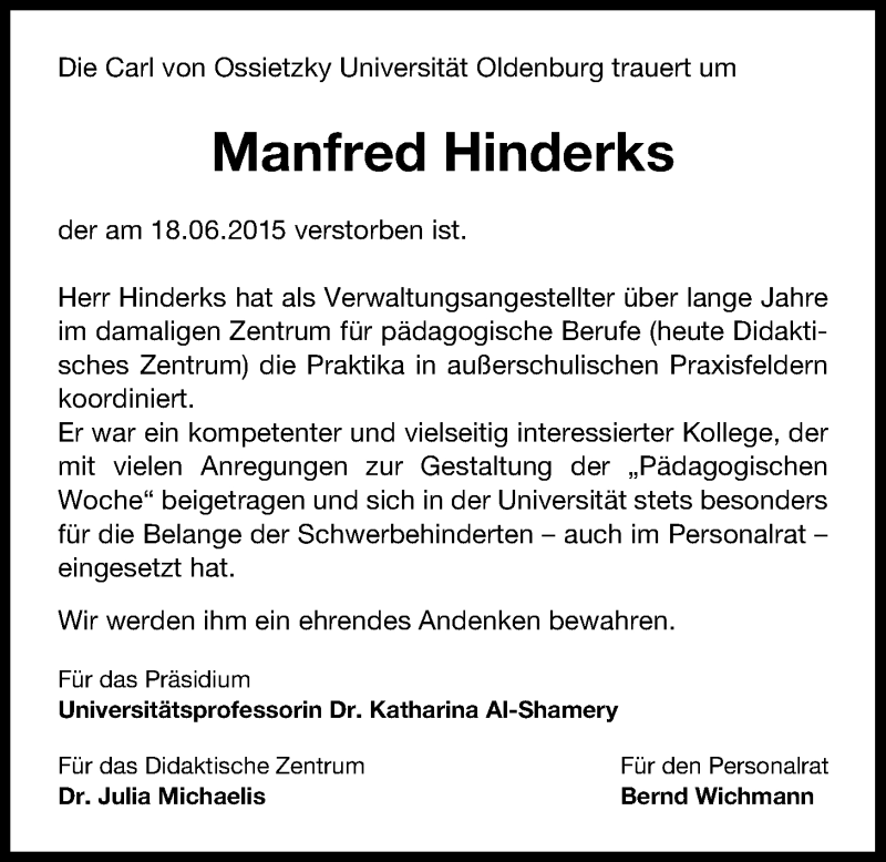 Traueranzeige für Manfred Hinderks vom 27.06.2015 aus Nordwest-Zeitung