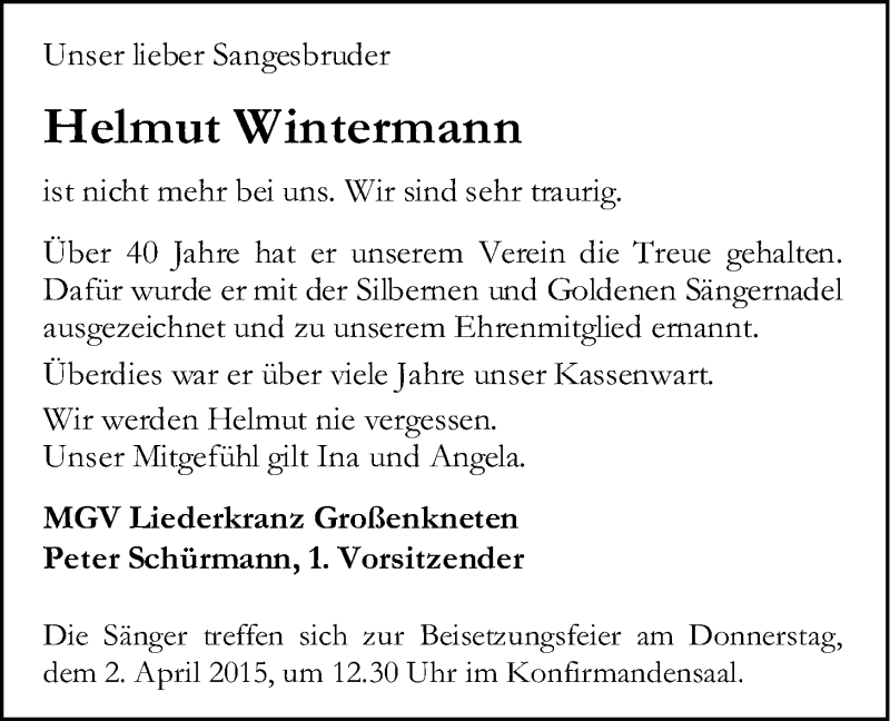  Traueranzeige für Helmut Wintermann vom 31.03.2015 aus Nordwest-Zeitung