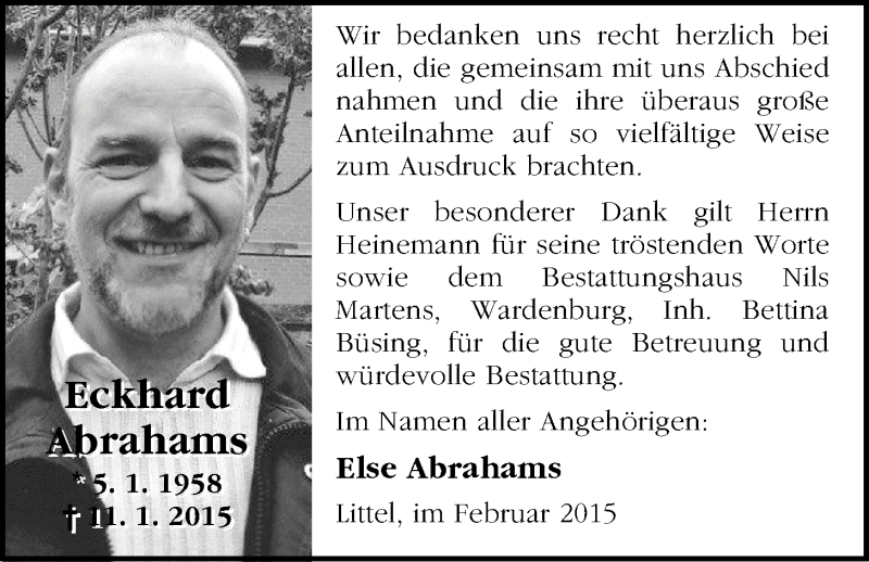  Traueranzeige für Eckhard Abrahams vom 28.02.2015 aus Nordwest-Zeitung
