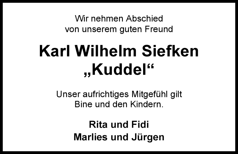 Traueranzeige für Karl Wilhelm Siefken vom 15.05.2015 aus Nordwest-Zeitung
