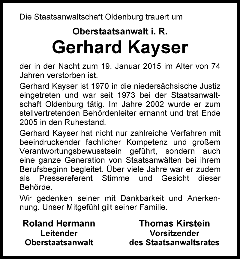  Traueranzeige für Gerhard Kayser vom 31.01.2015 aus Nordwest-Zeitung