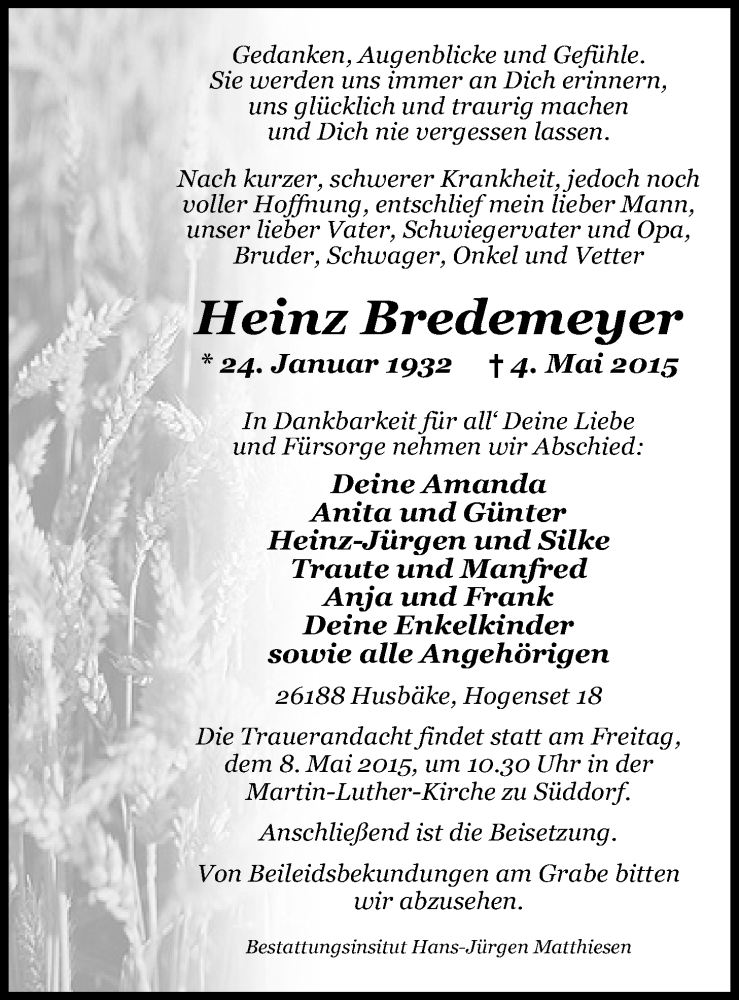  Traueranzeige für Heinz Bredemeyer vom 06.05.2015 aus Nordwest-Zeitung