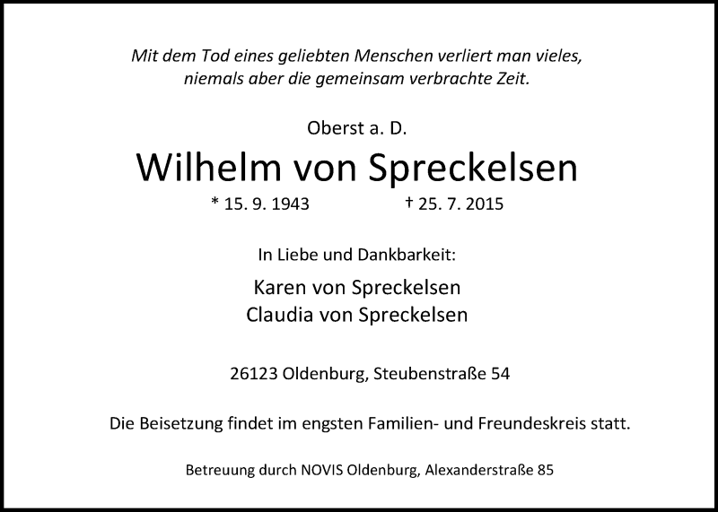 Traueranzeige für Wilhelm von Spreckelsen vom 29.07.2015 aus Nordwest-Zeitung