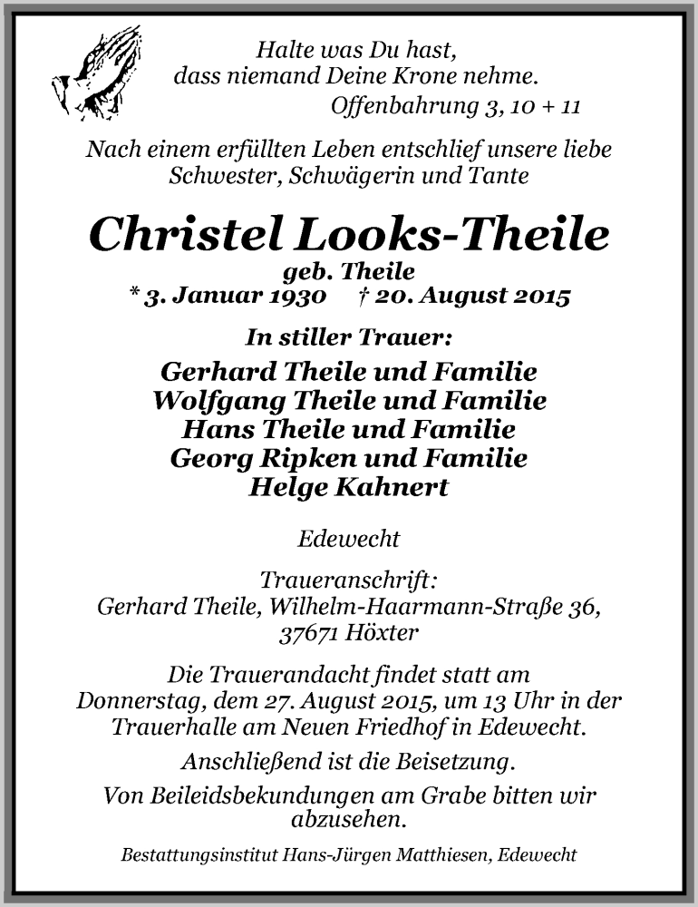  Traueranzeige für Christel Looks-Theile vom 22.08.2015 aus Nordwest-Zeitung