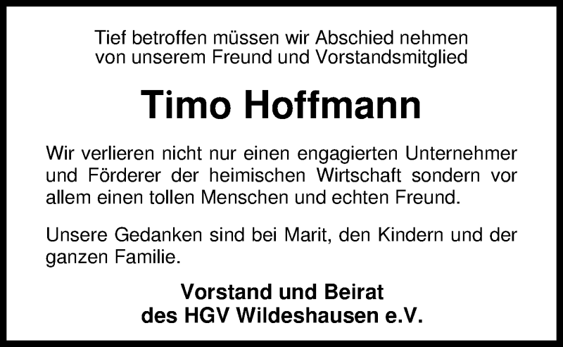  Traueranzeige für Timo Hoffmann vom 13.01.2015 aus Nordwest-Zeitung