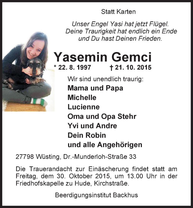  Traueranzeige für Yasemin Gemci vom 24.10.2015 aus Nordwest-Zeitung