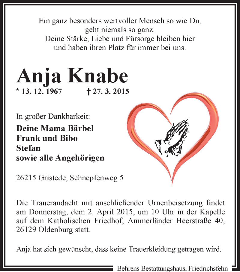  Traueranzeige für Anja Knabe vom 30.03.2015 aus Nordwest-Zeitung