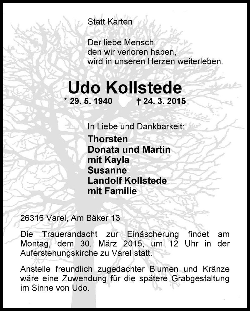 Traueranzeige für Udo Kollstede vom 27.03.2015 aus Nordwest-Zeitung