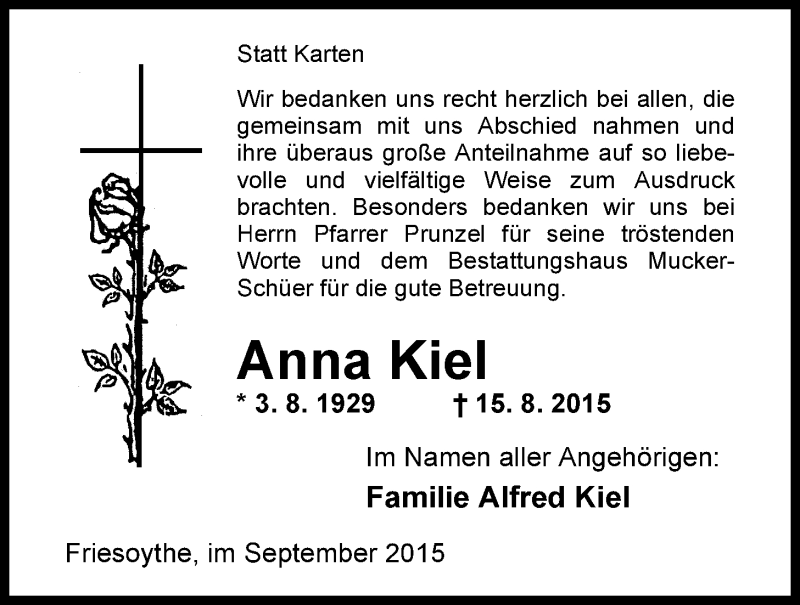  Traueranzeige für Anna Kiel vom 26.09.2015 aus Nordwest-Zeitung