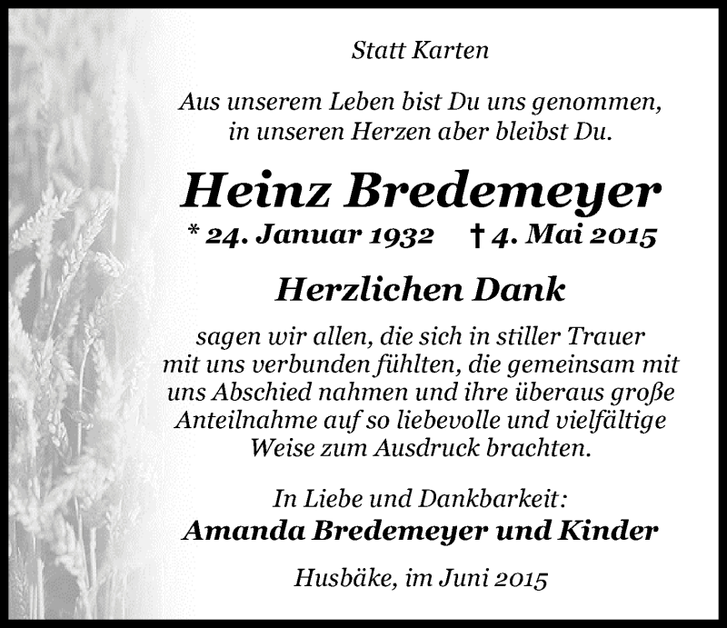  Traueranzeige für Heinz Bredemeyer vom 26.06.2015 aus Nordwest-Zeitung