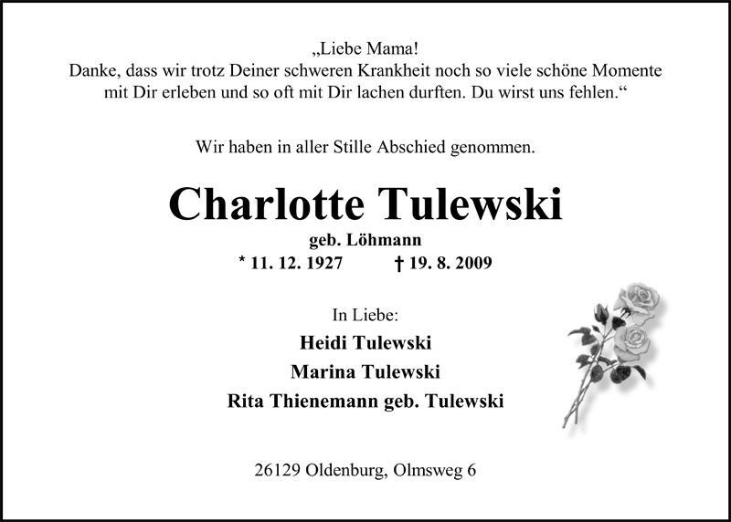  Traueranzeige für Charlotte Tulewski vom 05.09.2009 aus Nordwest-Zeitung