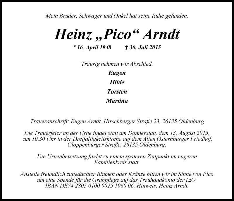  Traueranzeige für Heinz (Pico) Arndt vom 08.08.2015 aus Nordwest-Zeitung