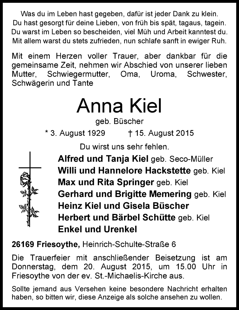  Traueranzeige für Anna Kiel vom 18.08.2015 aus Nordwest-Zeitung