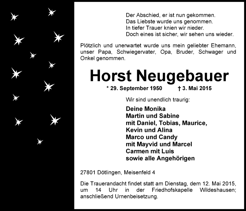  Traueranzeige für Horst  Neugebauer vom 06.05.2015 aus Nordwest-Zeitung