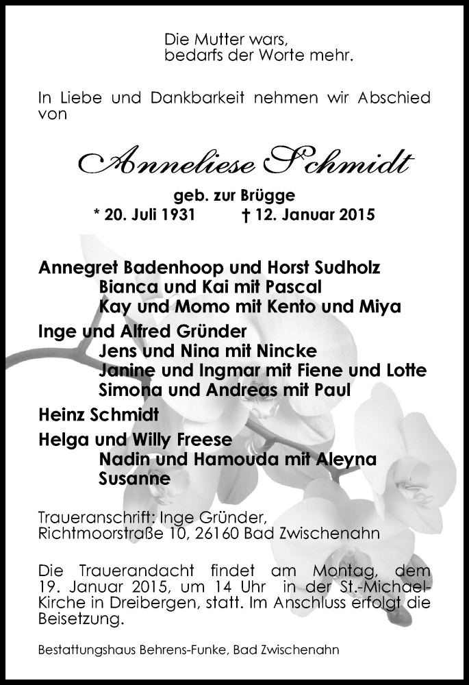  Traueranzeige für Anneliese Schmidt vom 15.01.2015 aus Nordwest-Zeitung