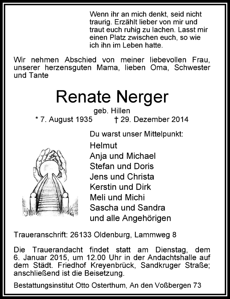  Traueranzeige für Renate Nerger vom 03.01.2015 aus Nordwest-Zeitung