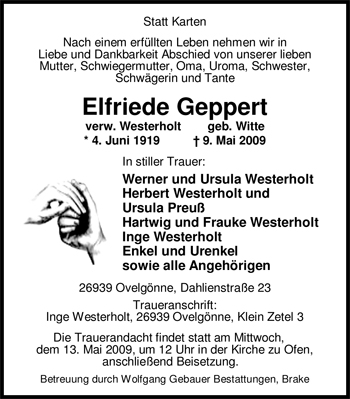 Traueranzeige von Elfriede Geppert von Nordwest-Zeitung