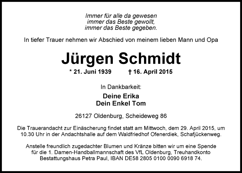 Traueranzeige für Jürgen Schmidt vom 21.04.2015 aus Nordwest-Zeitung