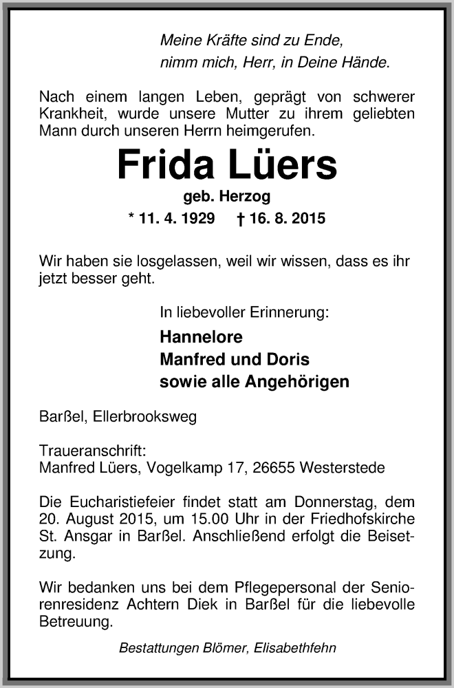 Traueranzeigen Von Frida L Ers Nordwest Trauer De