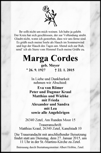 Traueranzeigen Von Marga Cordes Nordwest Trauer De