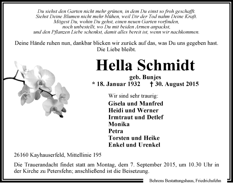  Traueranzeige für Hella Schmidt vom 01.09.2015 aus Nordwest-Zeitung
