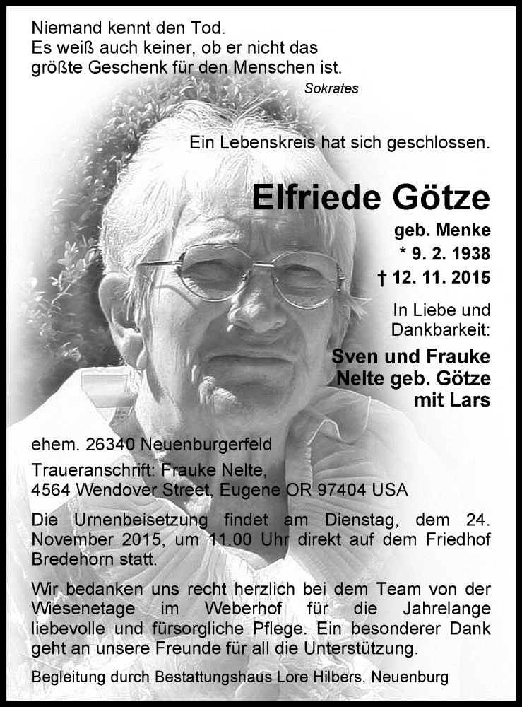  Traueranzeige für Elfriede Götze vom 20.11.2015 aus Nordwest-Zeitung