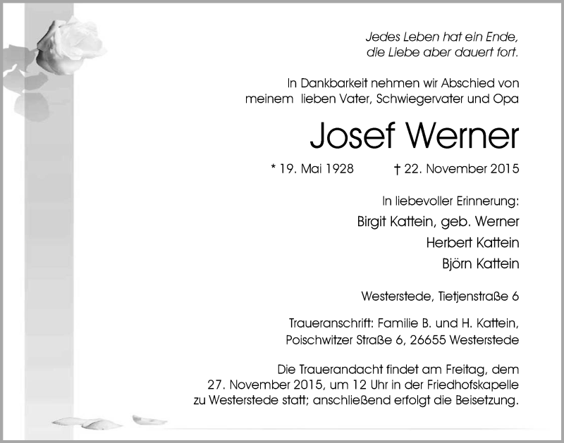 Traueranzeige für Josef Werner vom 24.11.2015 aus Nordwest-Zeitung