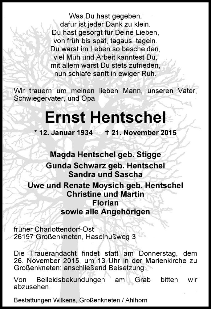  Traueranzeige für Ernst Hentschel vom 24.11.2015 aus Nordwest-Zeitung