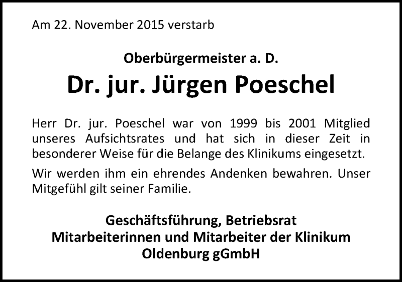  Traueranzeige für Dr. Jürgen Poeschel vom 25.11.2015 aus Nordwest-Zeitung
