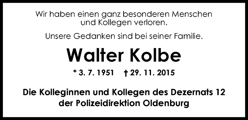  Traueranzeige für Walter Kolbe vom 03.12.2015 aus Nordwest-Zeitung