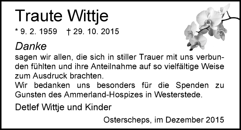  Traueranzeige für Traute Wittje vom 19.12.2015 aus Nordwest-Zeitung