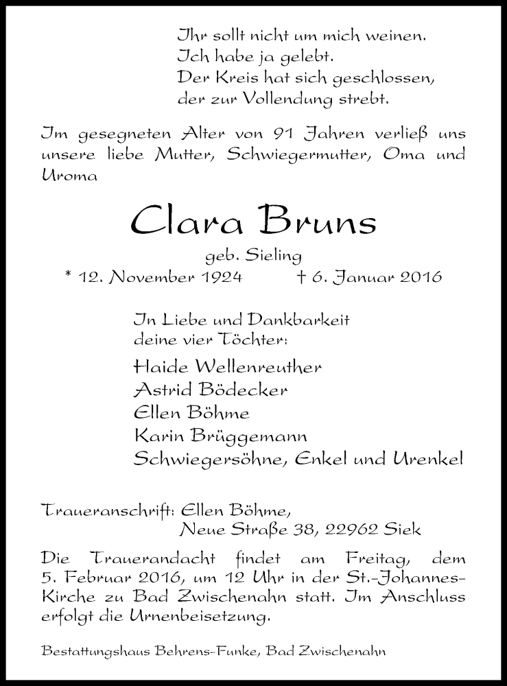 Traueranzeigen Von Clara Bruns Nordwest Trauer De