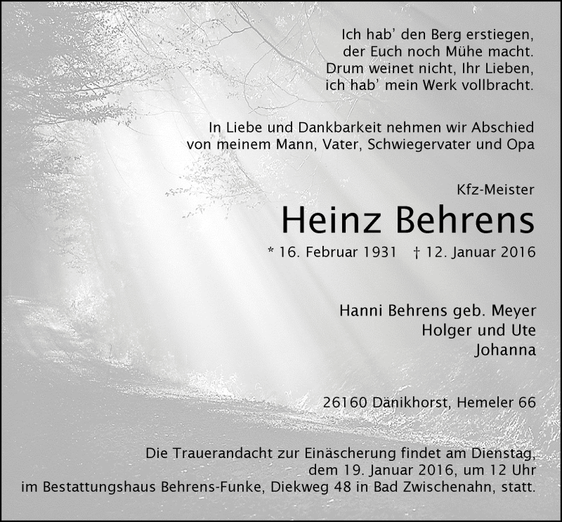  Traueranzeige für Heinz Behrens vom 14.01.2016 aus Nordwest-Zeitung