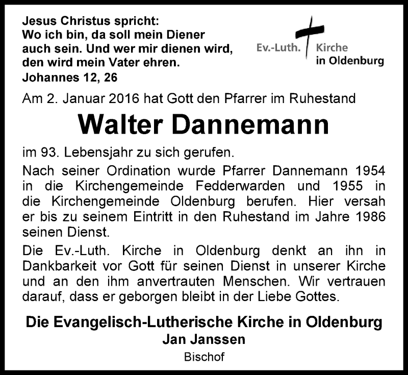  Traueranzeige für Walter Dannemann vom 06.01.2016 aus Nordwest-Zeitung