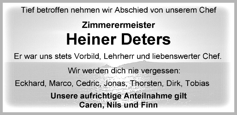  Traueranzeige für Heiner Deters vom 26.01.2016 aus Nordwest-Zeitung
