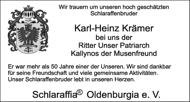  Traueranzeige für Karl-Heinz Krämer vom 07.01.2016 aus Nordwest-Zeitung