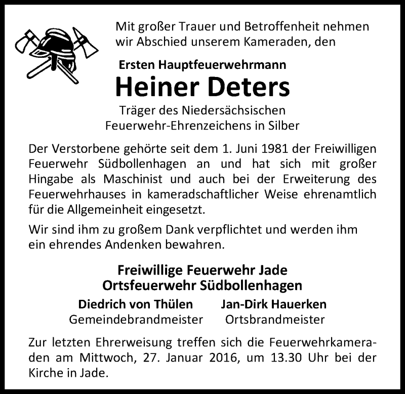 Traueranzeige für Heiner Deters vom 25.01.2016 aus Nordwest-Zeitung