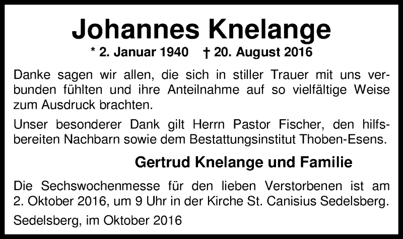  Traueranzeige für Johannes Knelange vom 01.10.2016 aus Nordwest-Zeitung