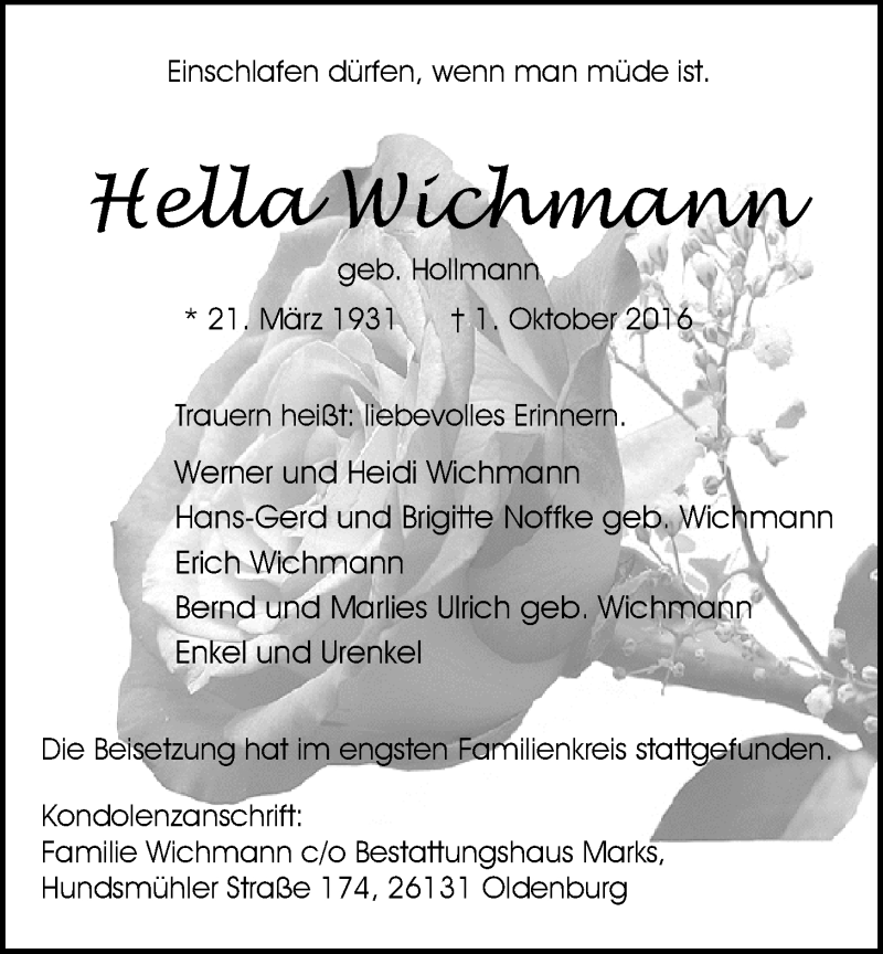  Traueranzeige für Hella Wichmann vom 08.10.2016 aus Nordwest-Zeitung